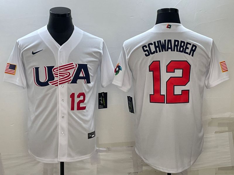 Men 2023 World Cub USA #12 Schwarber White Nike MLB Jersey7